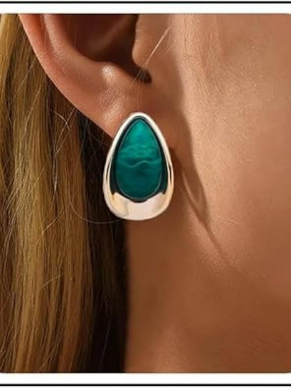 Gold Tone Teardrop Earrings with Emerald Green Stone Chunky Statement Waterdrop